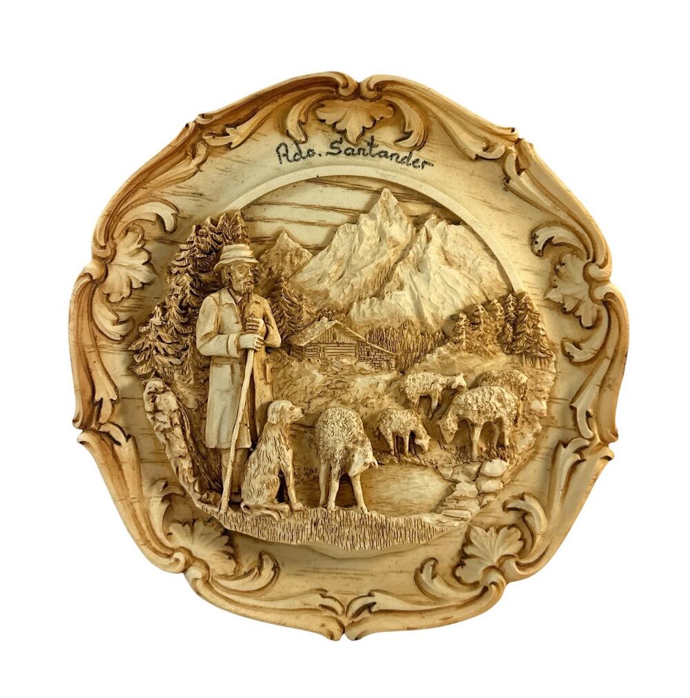 Vintage Rdo Santander Shepherd Sheep 3D Relief Wall Plaque Alpine 9”